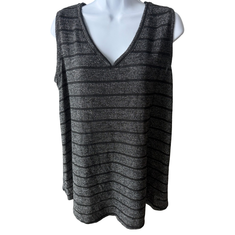 Lane Bryant V-Neck Stripe Wide Strap Tank Top Black Silver Metallic Plus 14/16